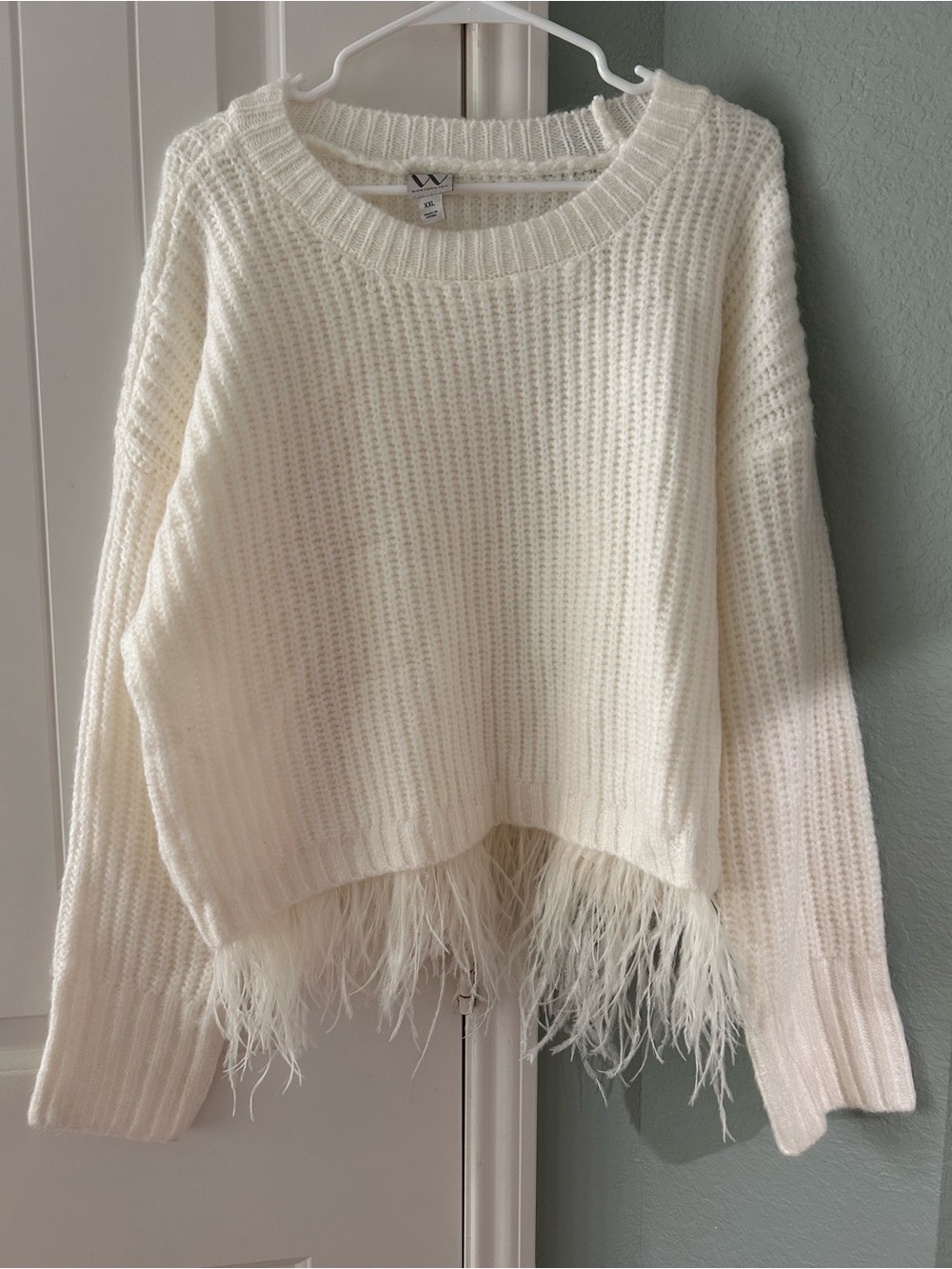 Worthington Cream Feather-Trim Knit Crewneck Sweater